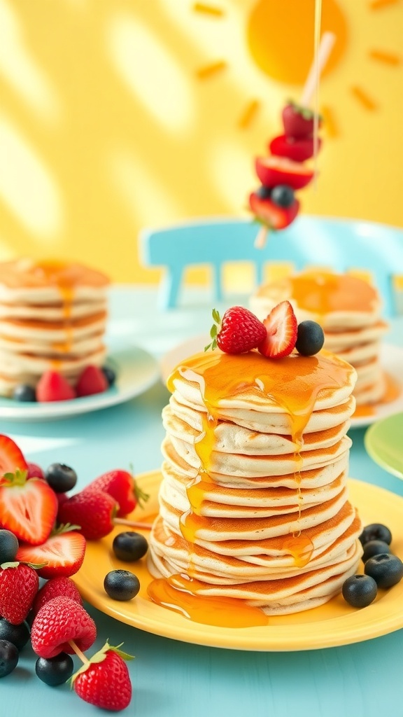 Fluffy pancakes with syrup and colorful fruit skewers on a cheerful brunch table.